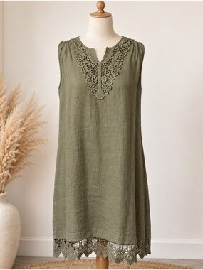 Carla Conti Made in Italy 100% Linen Olive Green Lace Trim Shift Dress S